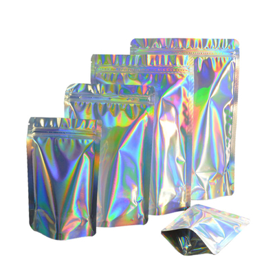 Buy Custom Printing Holographic Stand Up Pouch Mylar Zipper Bags One Side Clear For Food online manufacture