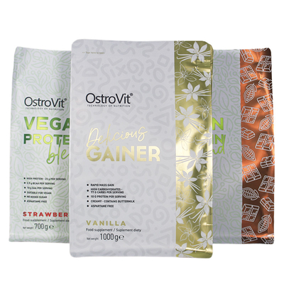 Buy Custom Flat Bottom Bag Vegan Protein Powder Heat Seal Stand Up Pouches online manufacture
