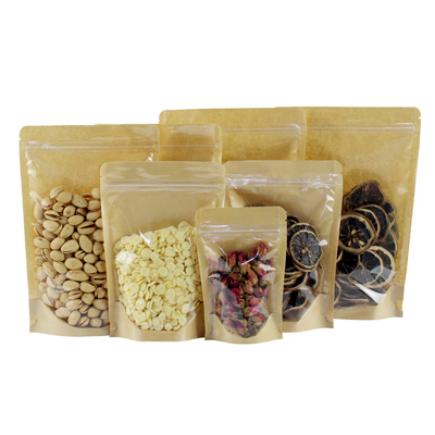 Buy Paper Recyclable Biodegradable Stand Up Pouches Transparent Window Brown With Zipper online manufacture