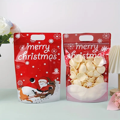 Buy Customized Printed Stand Up Pouch Zipper Christmas Gift Wrap Bags With Handle Hole online manufacture