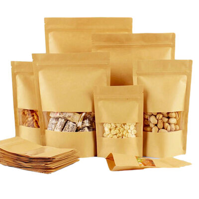 Buy Biodegradable Food Grade Kraft Paper Stand Up Pouch with Heat Seal Transparent Window Packaging online manufacture
