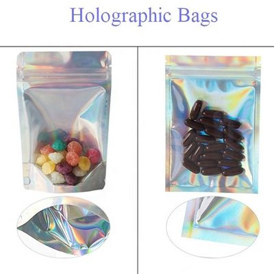Buy 0.5OZ Holographic Stand Up Pouch Silver ziplockk Foil Bag Pouches With Tear Notch online manufacture
