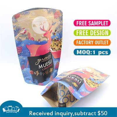 CMYK Printed 70g Kraft Paper Laminated Bags Zipper Top Resealable Stand Up Pouches